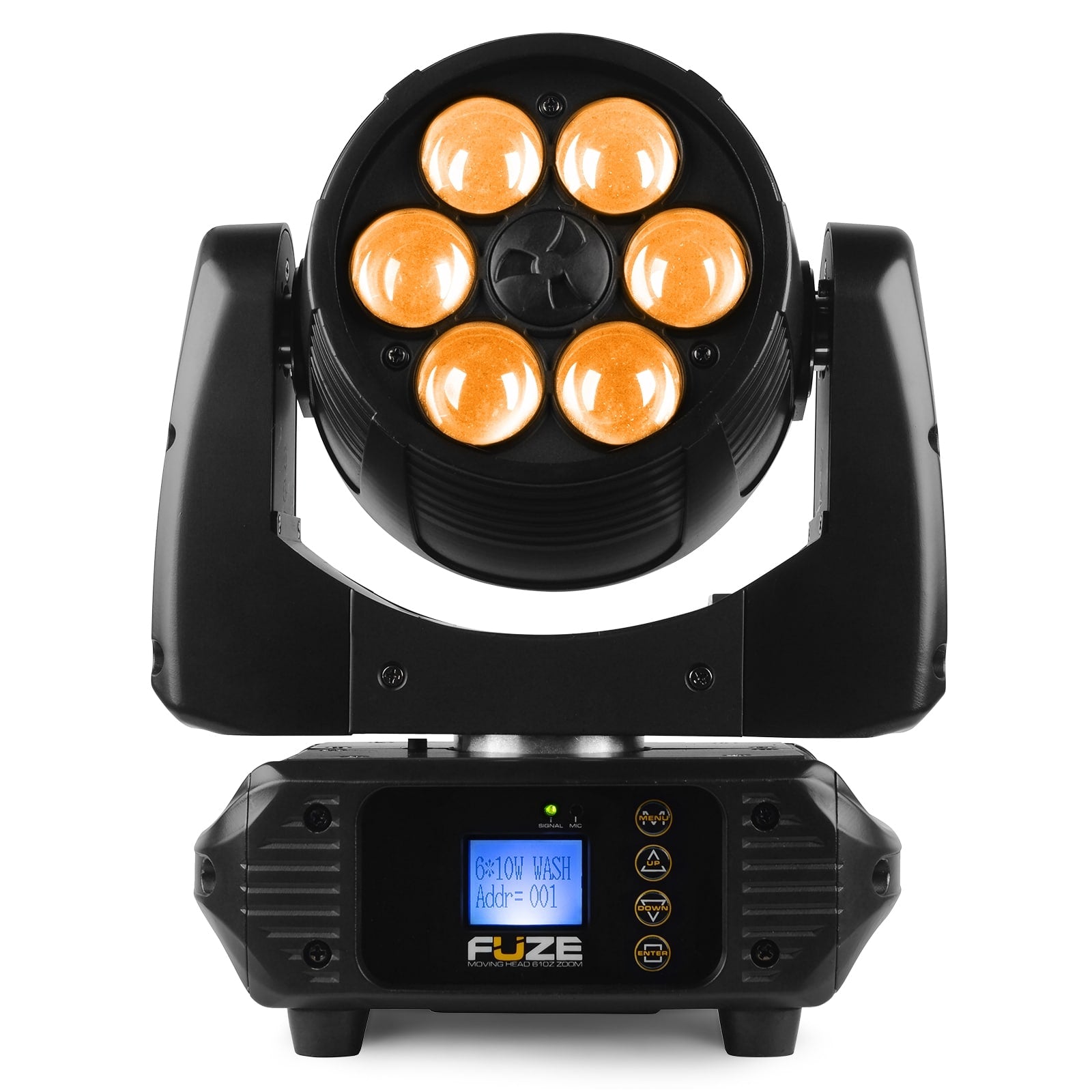 Front view of the Fuze610Z LED Wash Moving Head with Zoom in Orange.