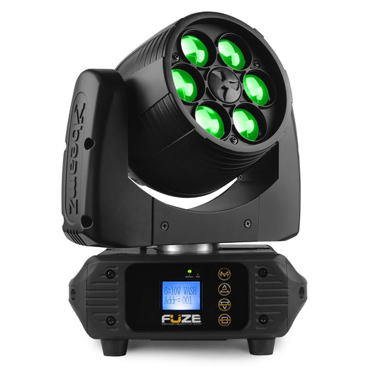 Front view of the Fuze610Z LED Wash Moving Head with Zoom - 6x 10W RGBW LEDs, motorized zoom, DMX control, compact design in Green.