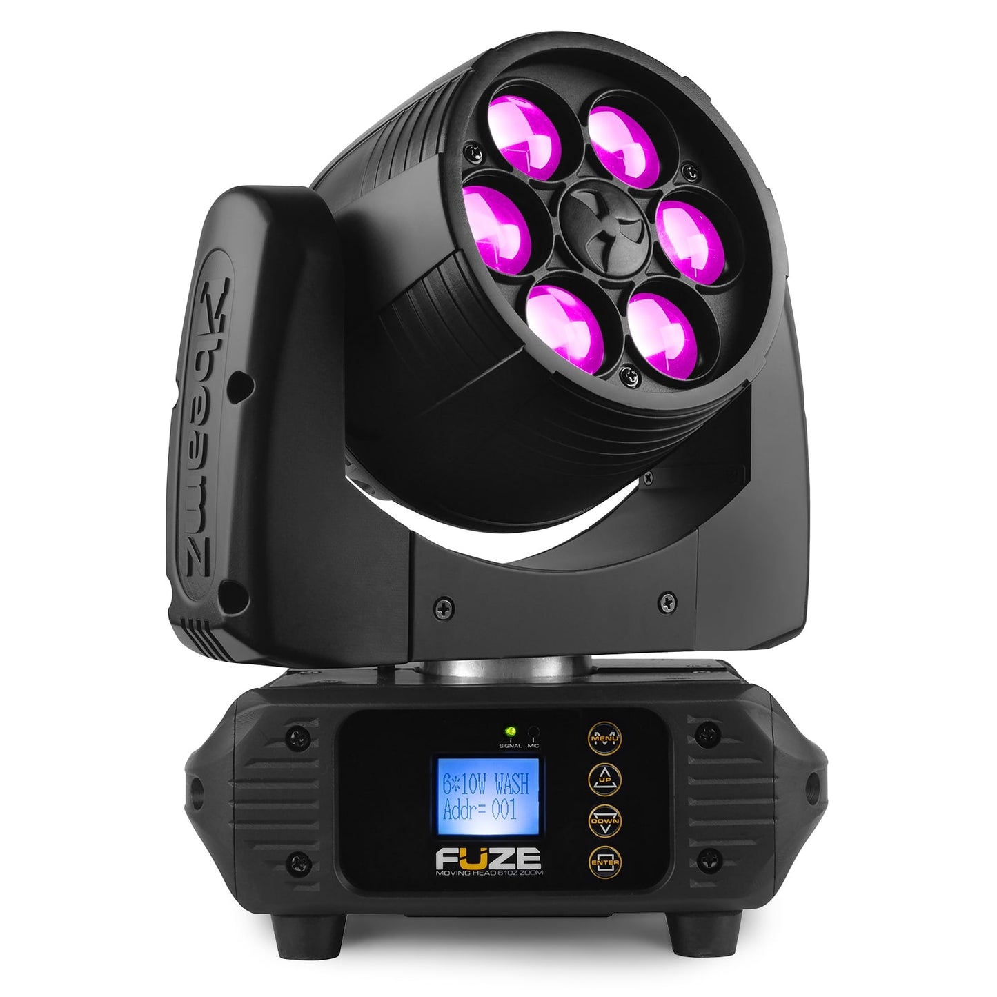 Front view of the Fuze610Z LED Wash Moving Head with Zoom - 6x 10W RGBW LEDs, motorized zoom, DMX control, compact design in Purple.