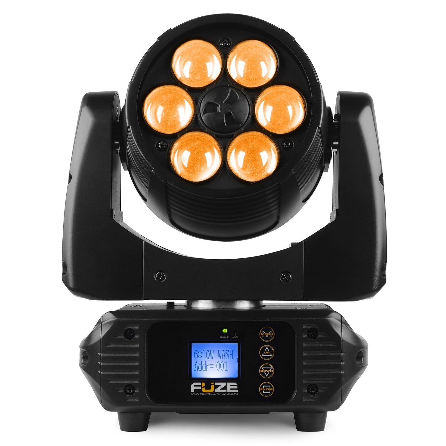 Front view of the Fuze610Z LED Wash Moving Head with Zoom - 6x 10W RGBW LEDs, motorized zoom, DMX control, compact design in Orange.
