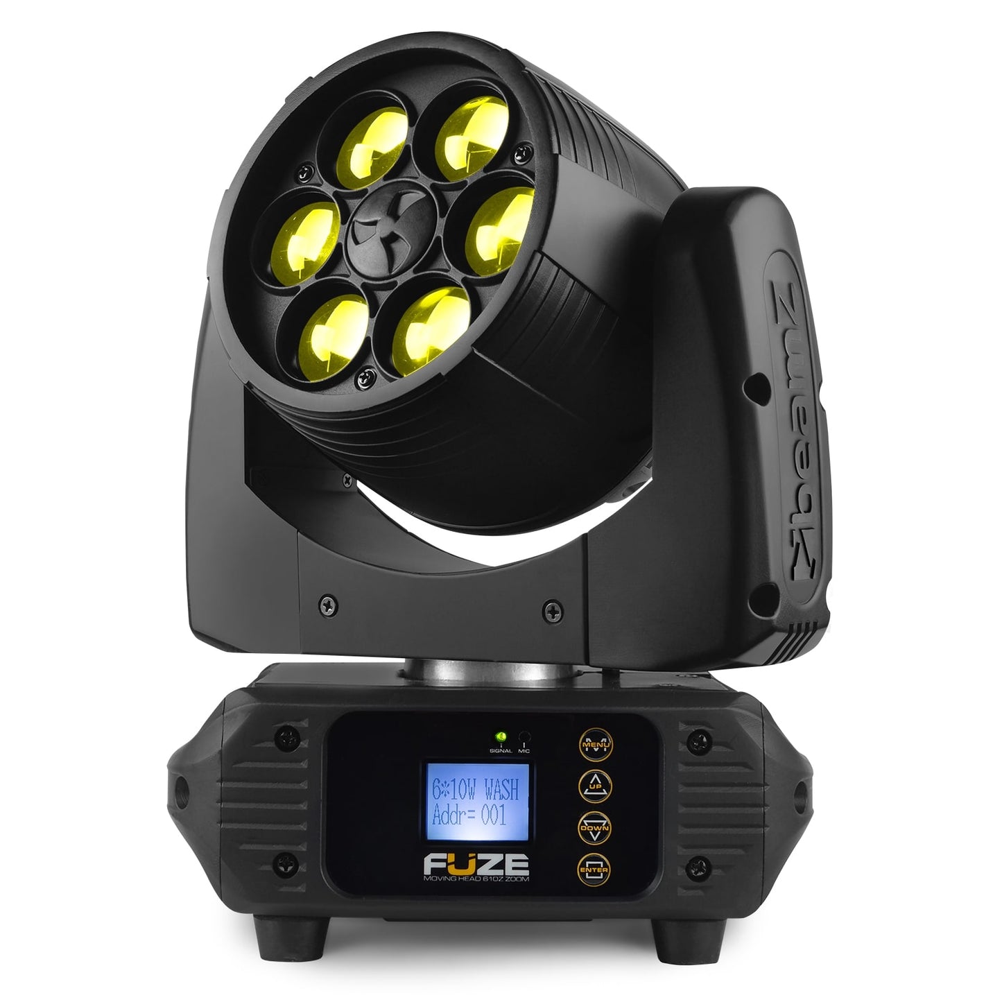 Front view of the Fuze610Z LED Wash Moving Head with Zoom - 6x 10W RGBW LEDs, motorized zoom, DMX control, compact design in Yellow.