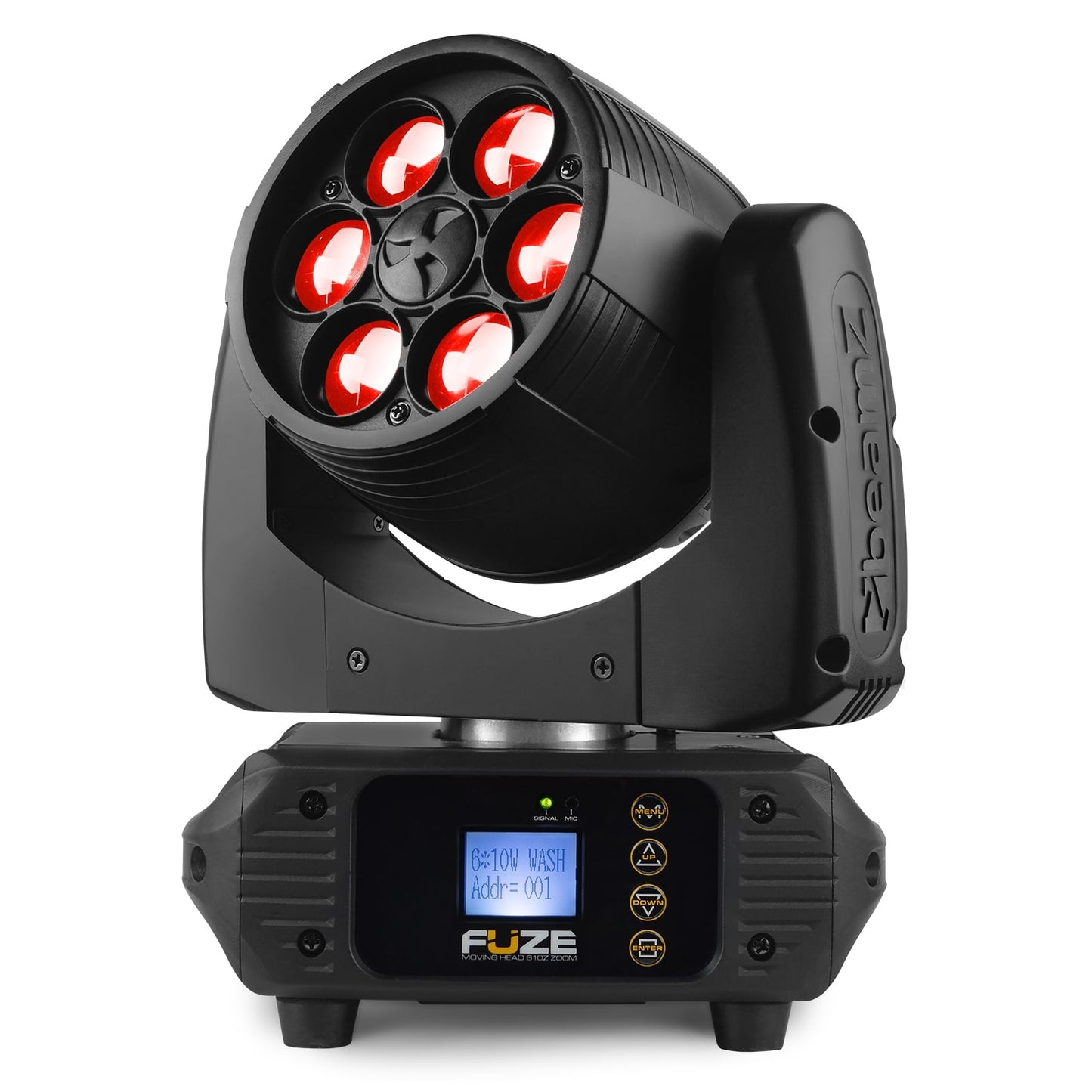 Front view of the Fuze610Z LED Wash Moving Head with Zoom - 6x 10W RGBW LEDs, motorized zoom, DMX control, compact design in Red.