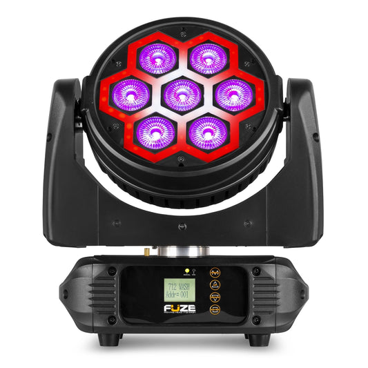 Front view of the Fuze712 LED Wash Moving Head featuring 7x 12W RGBW LEDs with SMD neon effect.