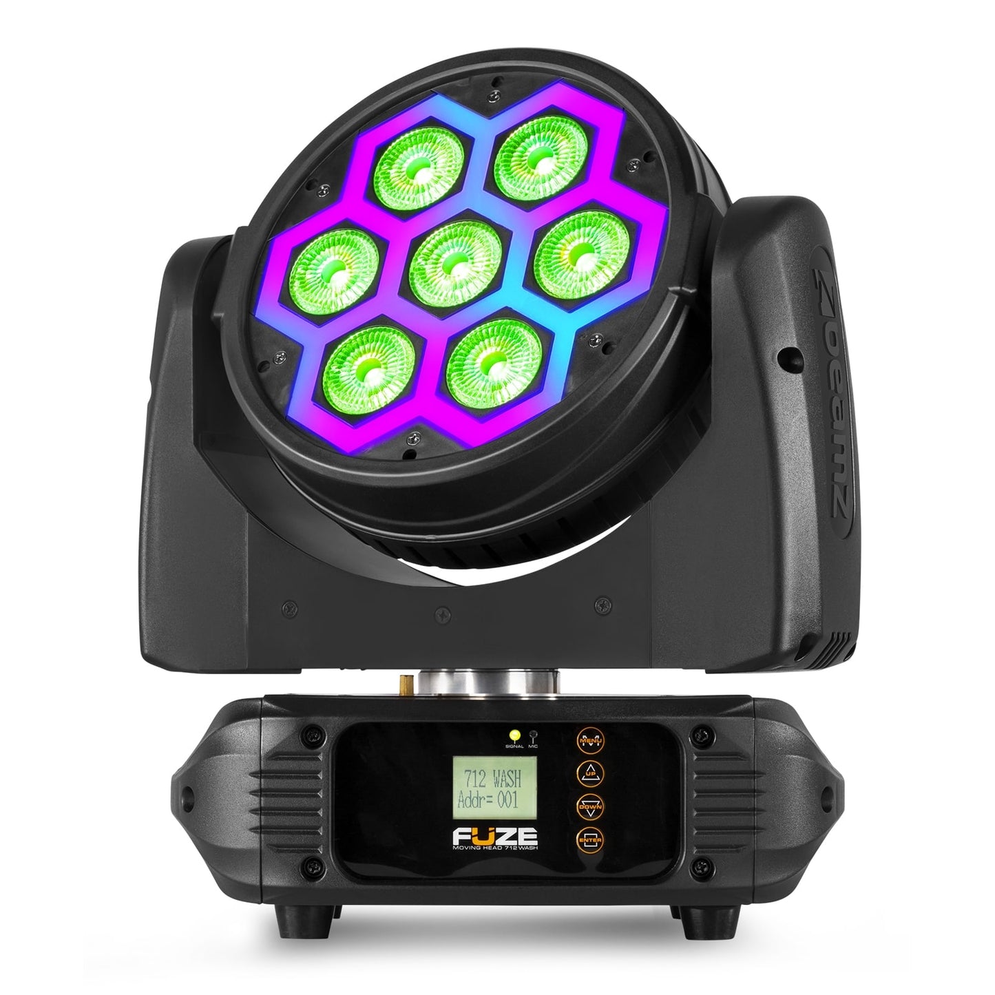 Front view of the Fuze712 LED Wash Moving Head featuring 7x 12W RGBW LEDs with SMD neon effect.