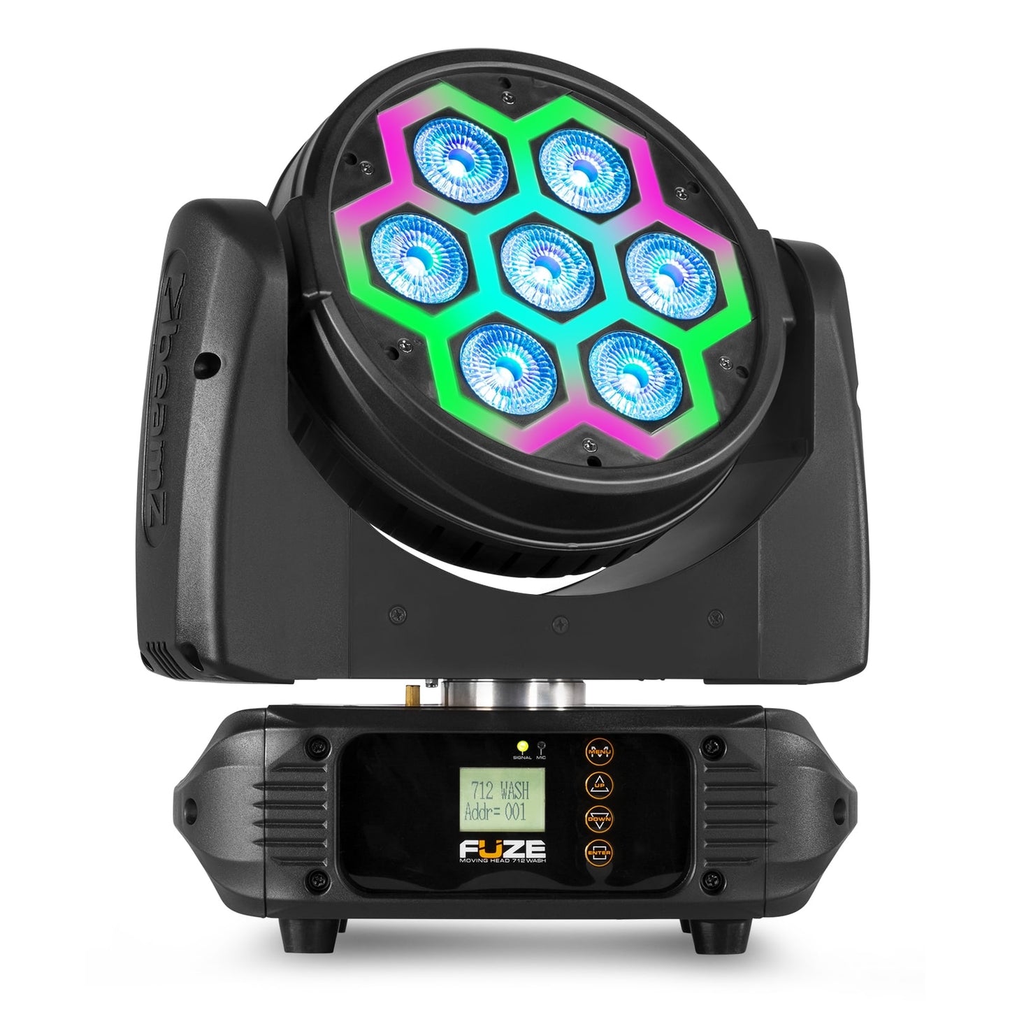 Front view of the Fuze712 LED Wash Moving Head featuring 7x 12W RGBW LEDs with SMD neon effect.