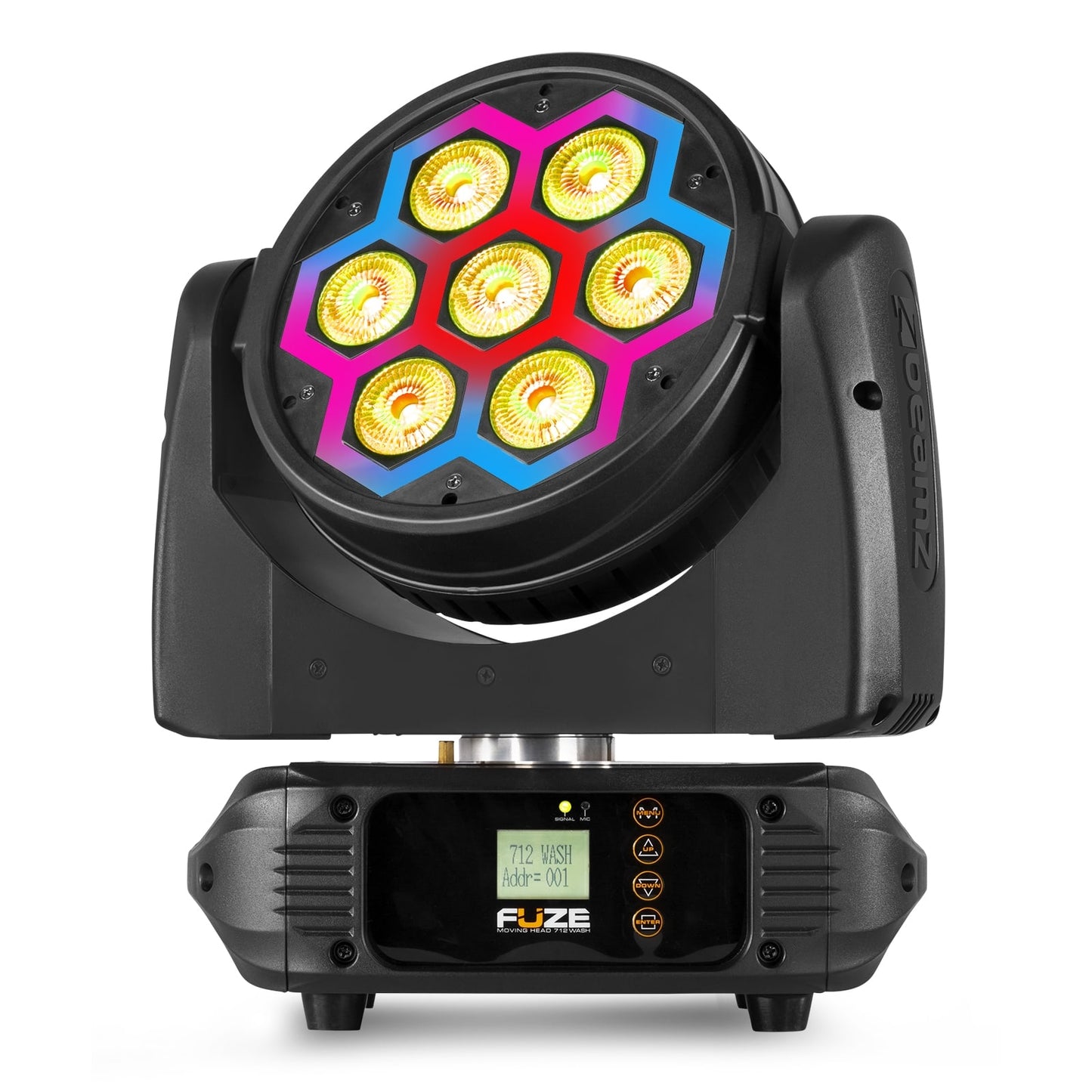 Front view of the Fuze712 LED Wash Moving Head featuring 7x 12W RGBW LEDs with SMD neon effect.
