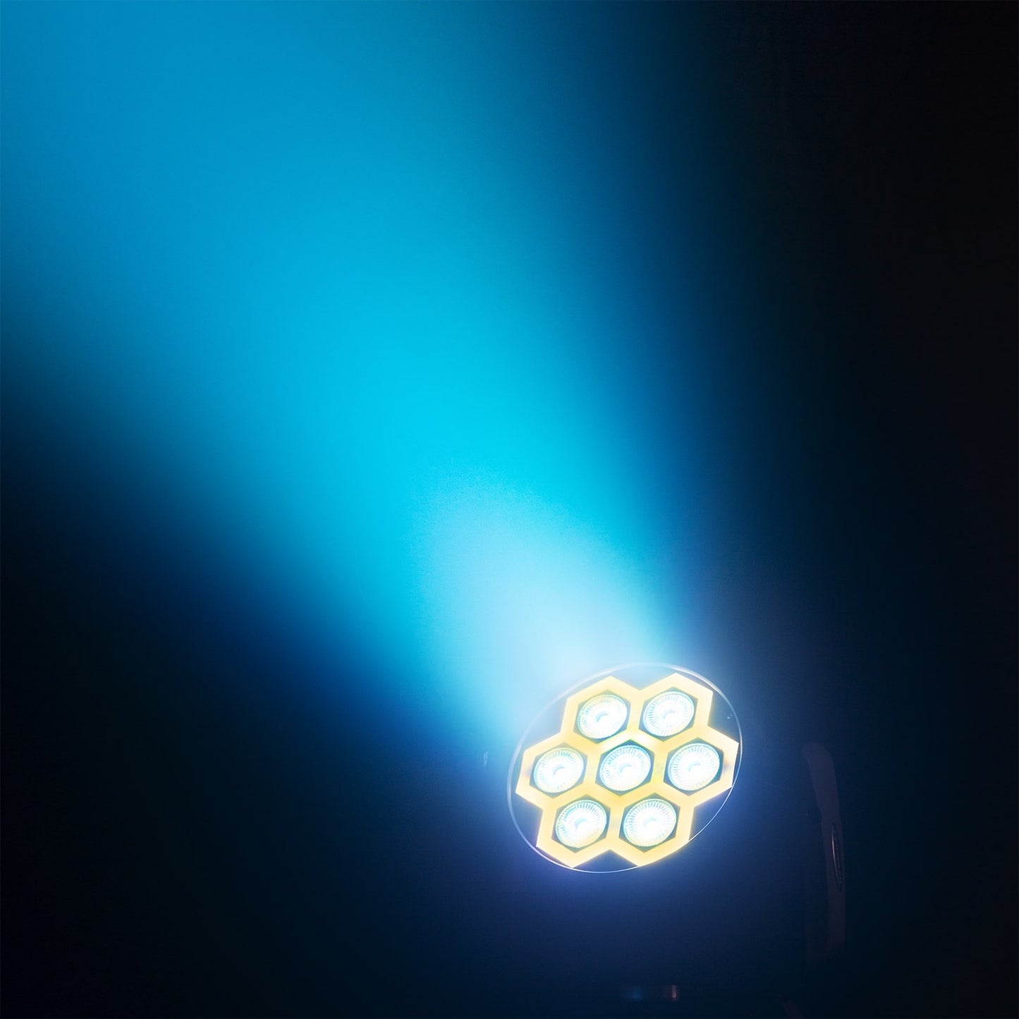 First lifestyle view of the Fuze712 LED Wash Moving Head featuring 7x 12W RGBW LEDs with SMD neon effect.