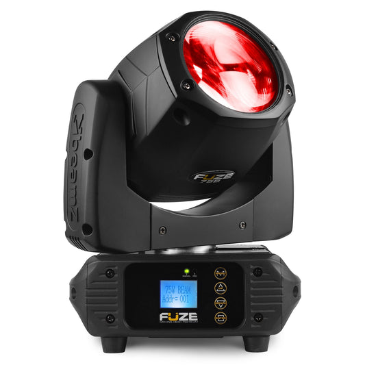 Front view of the Fuze75B LED Beam Moving Head featuring a 75W white LED with 17 gobos and multiple DMX channels in Red.