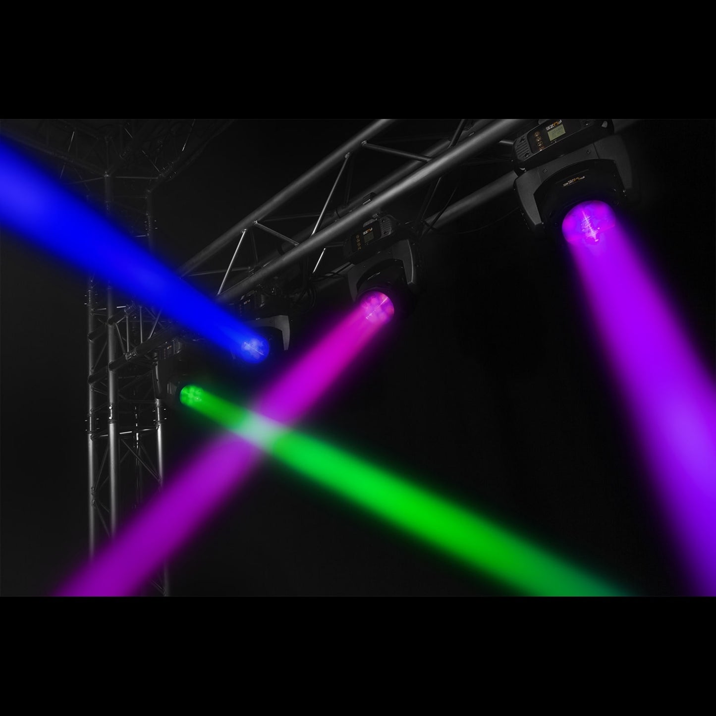 Effect view of the Fuze75B LED Beam Moving Head featuring a 75W white LED with 17 gobos and multiple DMX channels 3.