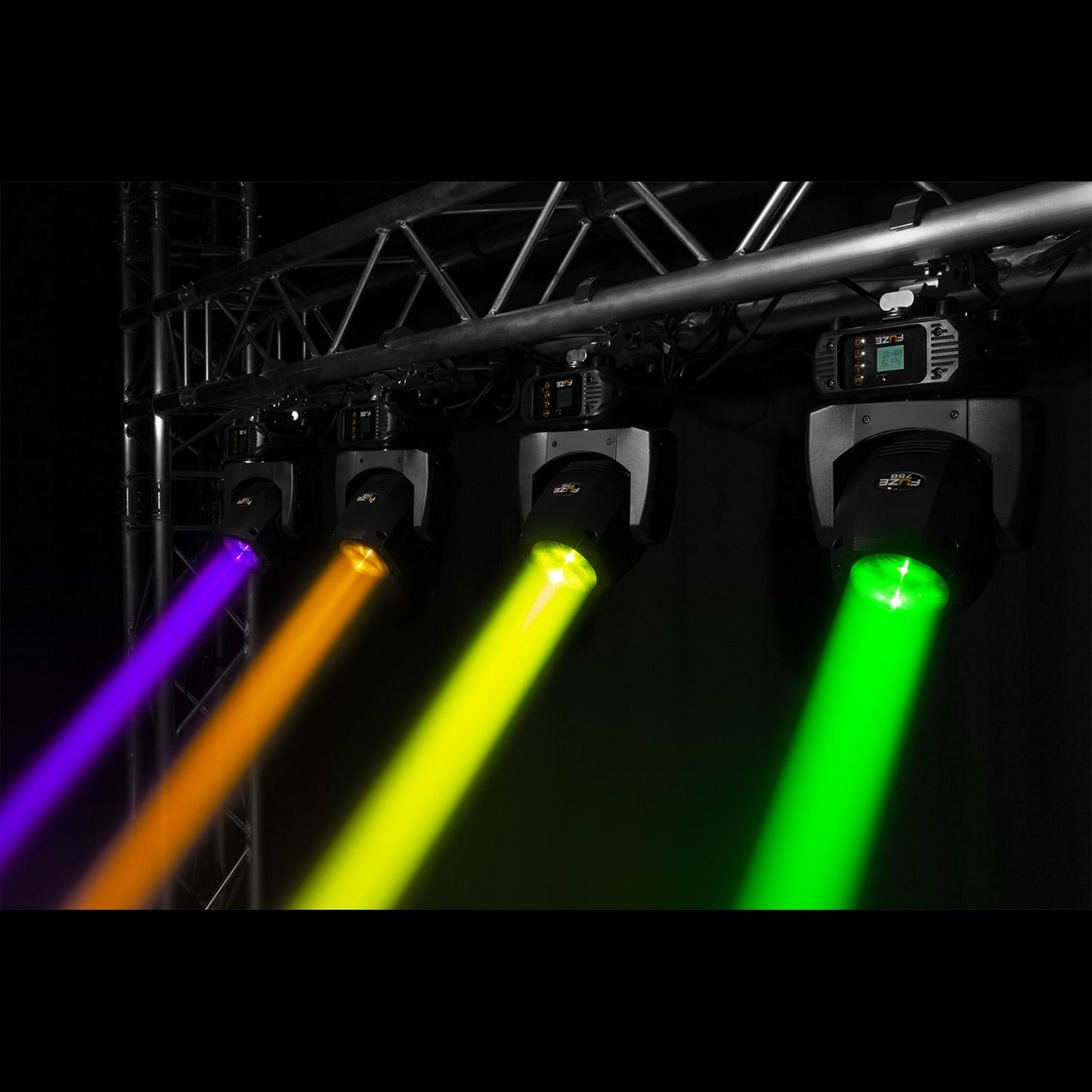 Effect view of the Fuze75B LED Beam Moving Head featuring a 75W white LED with 17 gobos and multiple DMX channels 4.