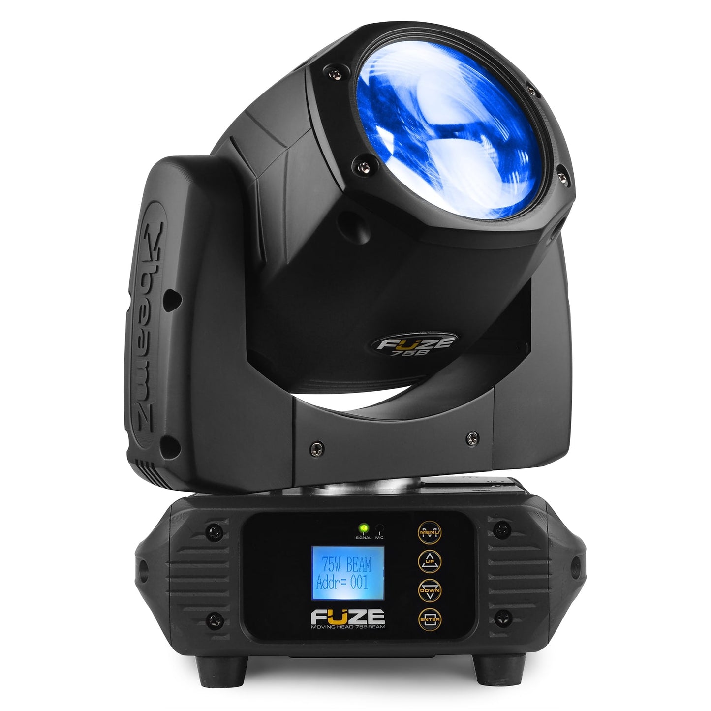 Front view of the Fuze75B LED Beam Moving Head featuring a 75W white LED with 17 gobos and multiple DMX channels in Blue.