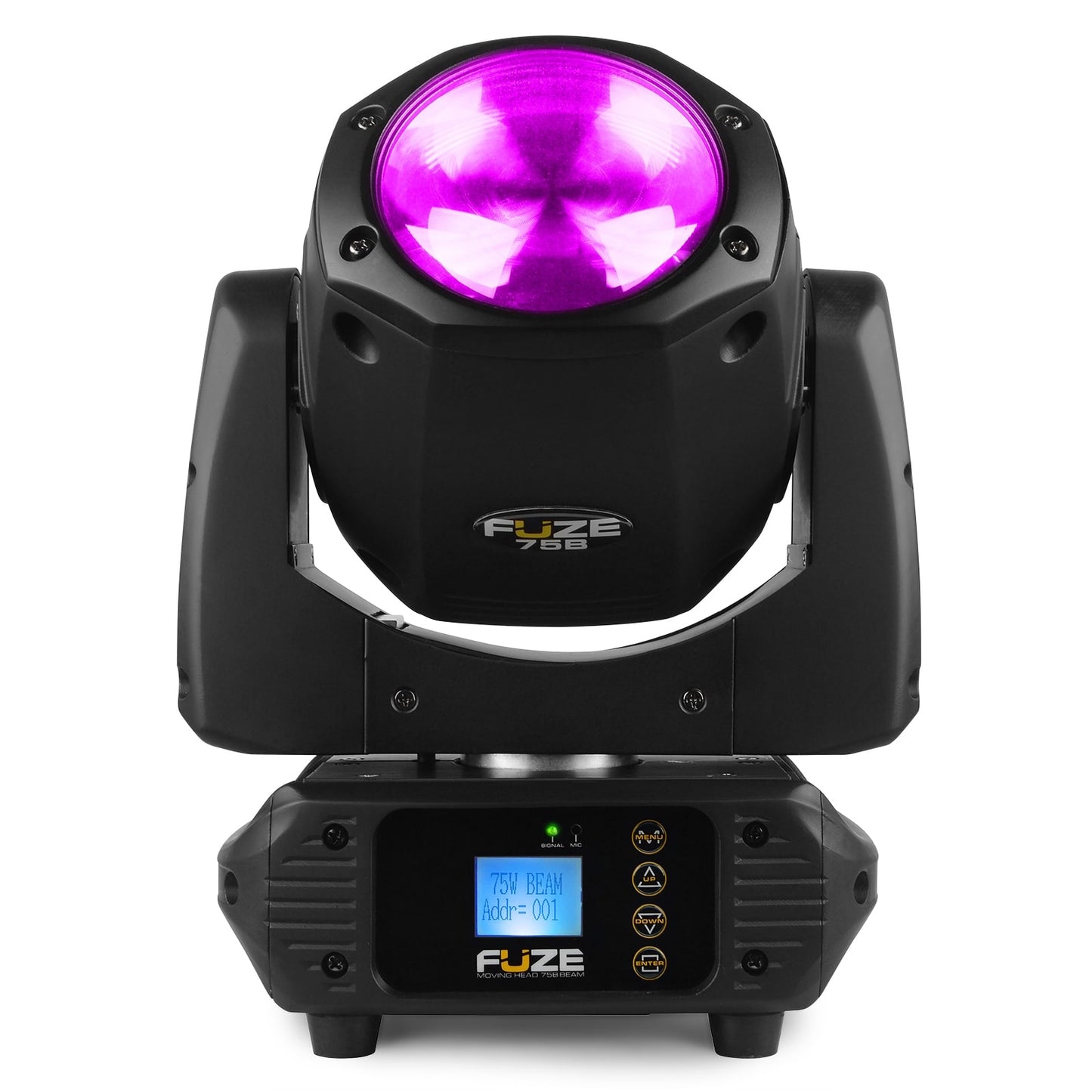 Front view of the Fuze75B LED Beam Moving Head featuring a 75W white LED with 17 gobos and multiple DMX channels in Pink.