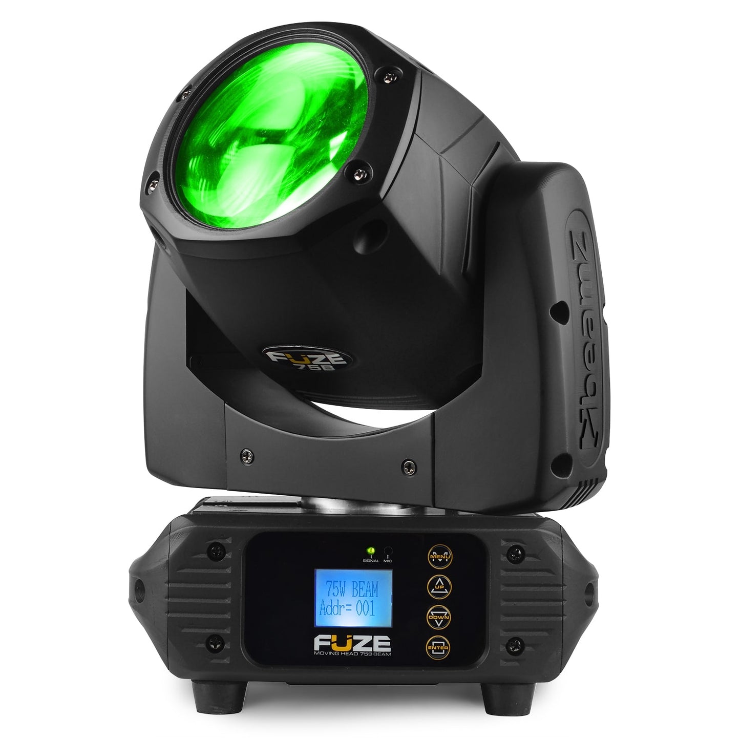 Front view of the Fuze75B LED Beam Moving Head featuring a 75W white LED with 17 gobos and multiple DMX channels in Green.