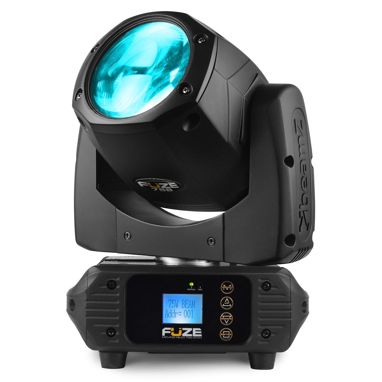 Front view of the Fuze75B LED Beam Moving Head featuring a 75W white LED with 17 gobos and multiple DMX channels in Light Blue.