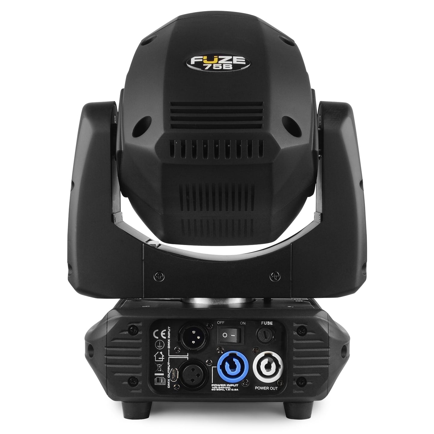 Back view of the Fuze75B LED Beam Moving Head featuring a 75W white LED with 17 gobos and multiple DMX channels.