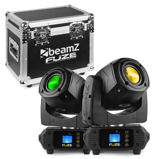 Top view of the Fuze75S LED Spot Moving Head set featuring 2x 75W white LEDs with interchangeable gobos and motorized focus, in a solid flightcase.