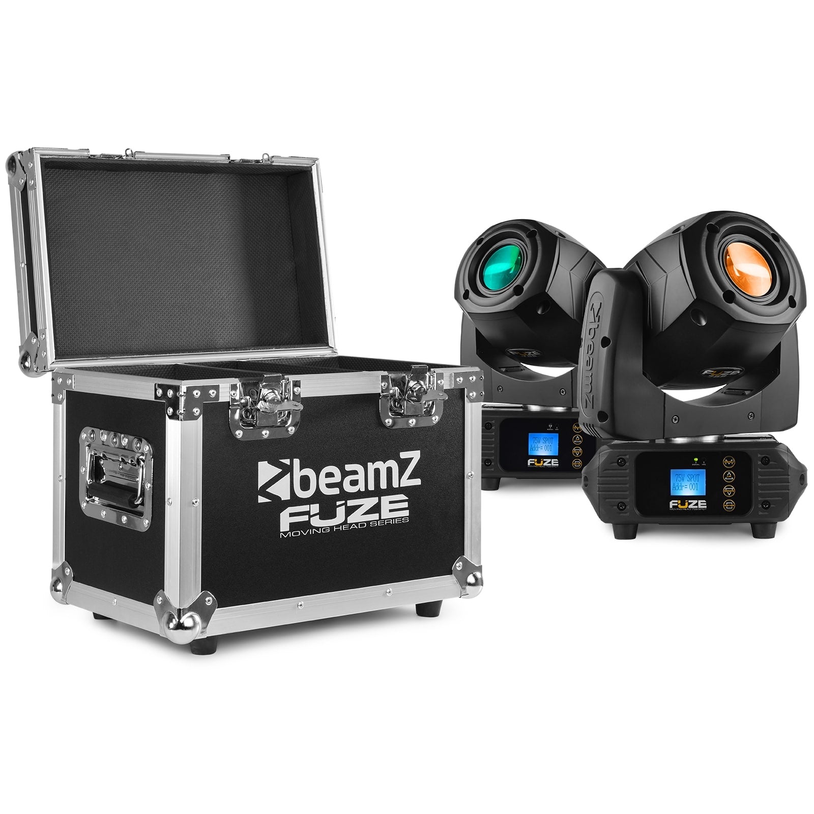Top view of the open Fuze75S LED Spot Moving Head set featuring 2x 75W white LEDs with interchangeable gobos and motorized focus, in a solid flightcase.