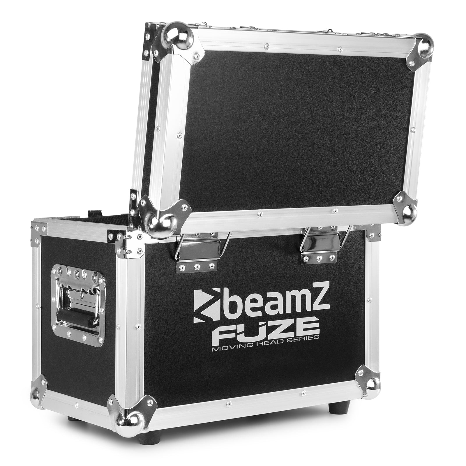 Back view of the flightcase for the Fuze75S LED Spot Moving Head set featuring 2x 75W white LEDs with interchangeable gobos and motorized focus.