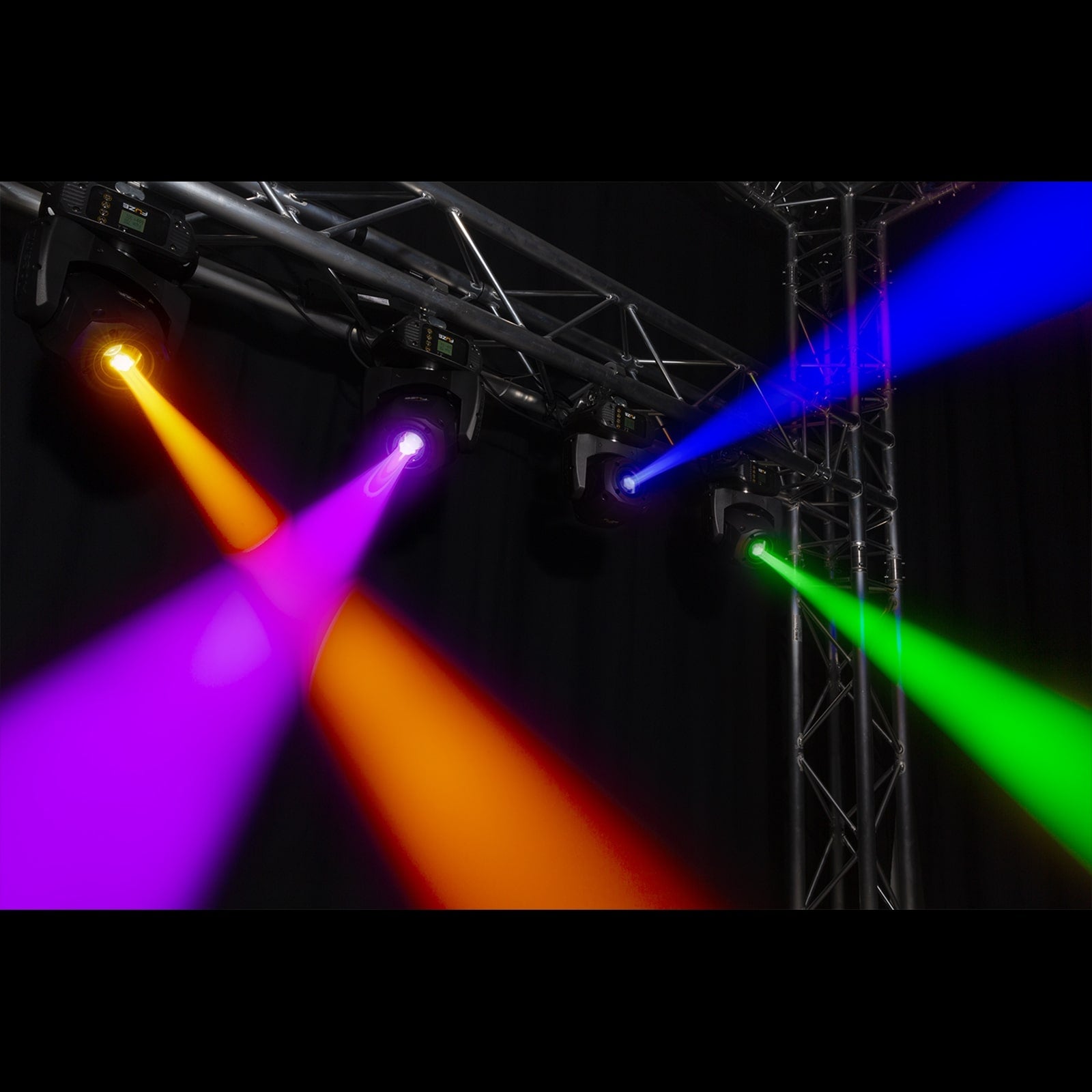 Effects view of the Fuze75S LED Spot Moving Head set featuring 2x 75W white LEDs with interchangeable gobos and motorized focus, in a solid flightcase.