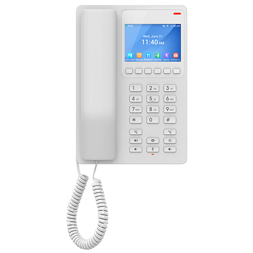 Grandstream GHP630W 2-Line WiFi Hotel Phone with 3.5 inch color LCD display in white color.