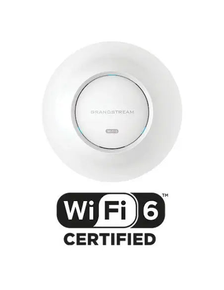 Grandstream GWN7664E WiFi 6E indoor access point mounted on a ceiling, designed for high-performance wireless connectivity.