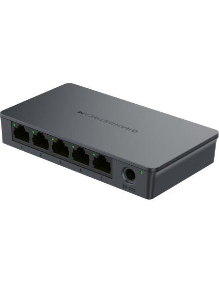 Image of the Grandstream GWN7700 5-Port Unmanaged GbE Switch, showcasing its compact design and Ethernet ports.