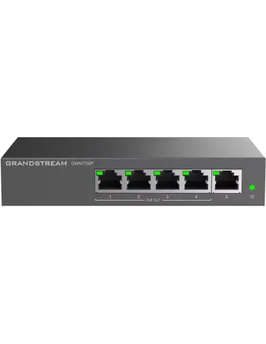 Image of the Grandstream GWN7700P 5-Port Unmanaged GbE PoE Switch, showcasing its design and ports.