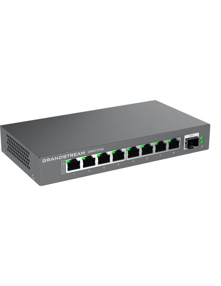 Grandstream GWN7701M 8-Port Unmanaged 2.5G Switch showcasing its compact design and multiple ports.