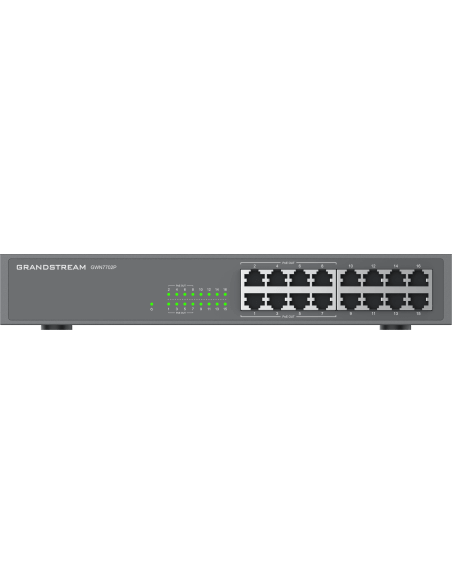 Grandstream GWN7702P 16-Port Unmanaged GbE PoE Switch with 138W power capacity.