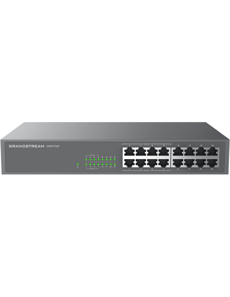 Grandstream GWN7702P 16-Port Unmanaged GbE PoE Switch with multiple Ethernet ports for network connectivity.