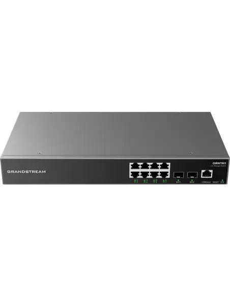 Grandstream GWN7801P 8-Port Managed PoE Switch with 120W power capacity, featuring 8 Ethernet RJ45 ports and 2 SFP slots.