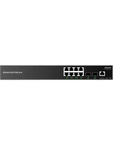 Grandstream GWN7801P 8-Port Managed PoE Switch with 120W power, featuring 8 Ethernet RJ45 ports and 2 SFP slots.
