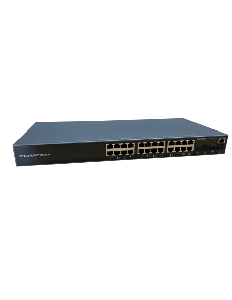 Grandstream GWN7803P 24-Port Managed PoE+ Switch with multiple Ethernet ports and a sleek design.