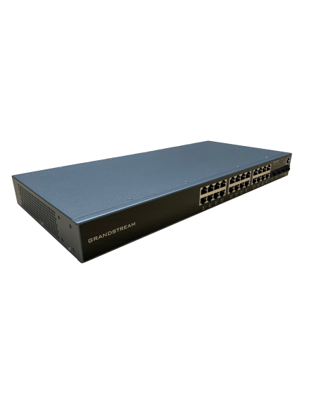 Grandstream GWN7803P 24-Port Managed PoE+ Switch displayed in a professional setting.