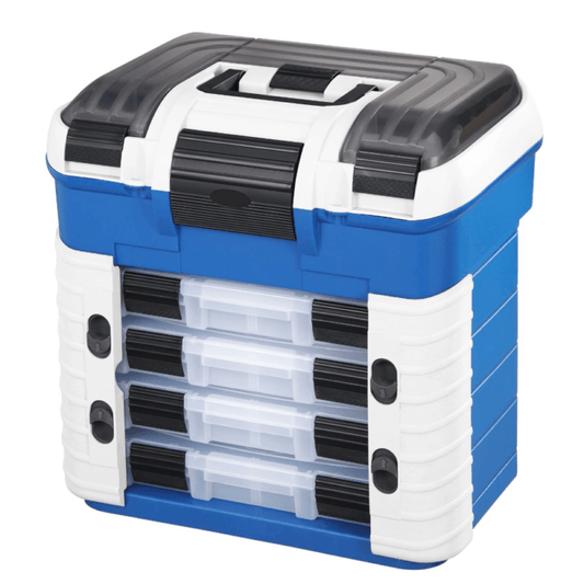 Panaro SP PAN 502 Blue/White/Grey Polypropylene Superbox featuring three lid compartments and a spinnerbait box.