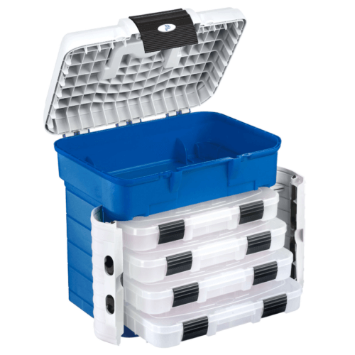 Panaro SP PAN 502 Superbox in blue, white, and grey with three lid compartments and a spinnerbait box.