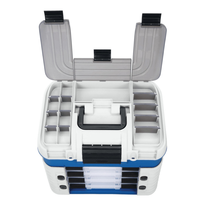 Panaro SP PAN 502 Superbox in blue, white, and grey with three lid compartments and spinnerbait box.