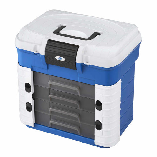 Panaro SP PAN 503 Superbox in blue, white, and grey with compartments and four drawers, ideal for organizing tackle and small items.