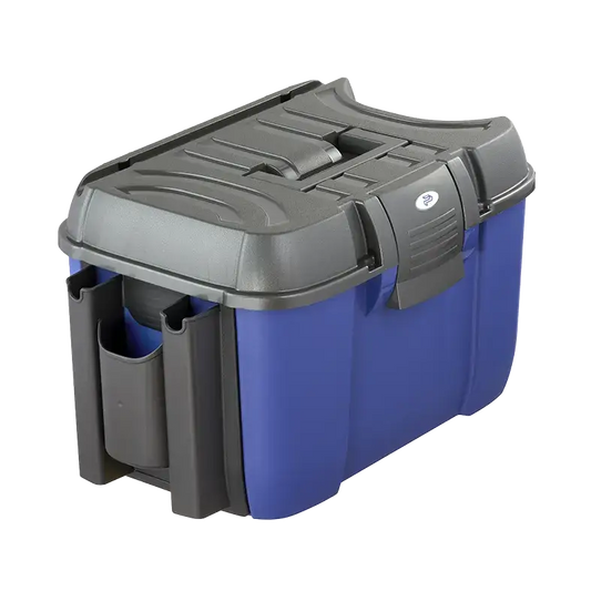 SP PAN 169ROD Fishing Tackle Box in blue and grey with a rod holder, made of polypropylene.