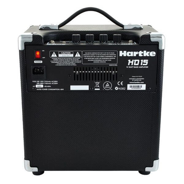 Hartke HD15 15W Bass Combo amplifier featuring a 6.5 inch HyDrive speaker, aux input, and headphone output.