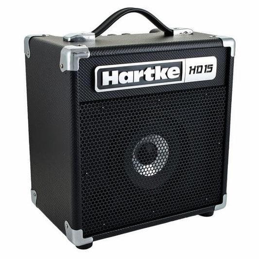 Hartke HD15 15W bass combo amplifier featuring a 6.5-inch HyDrive speaker, aux input, and headphone output.