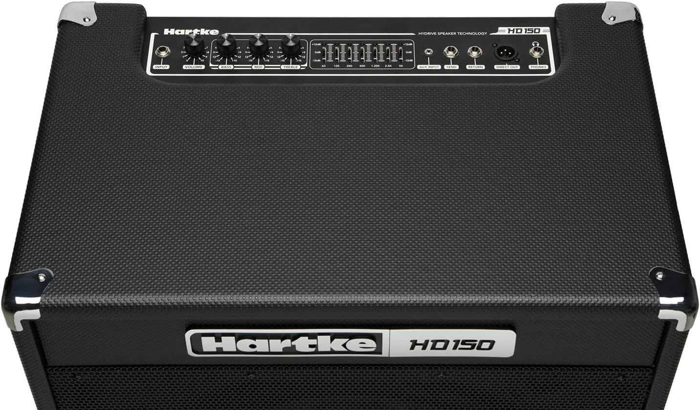 Hartke HD150 bass combo amplifier featuring a 12-inch HyDrive speaker, 1-inch tweeter, and 7-band EQ, designed for musicians with dual 1/4-inch inputs, aux input, and headphone output.