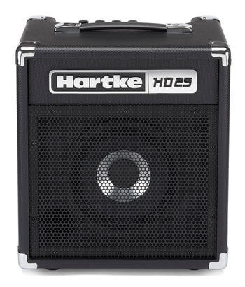 Hartke HD25 25W Bass Combo amplifier featuring an 8-inch HyDrive speaker, with 1/4 inch input, aux input, and headphone output.