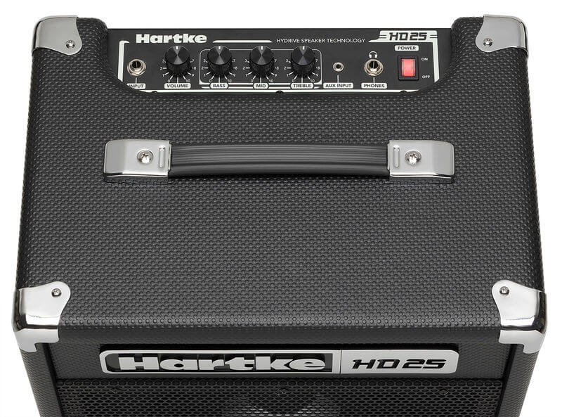 Hartke HD25 25W Bass Combo amplifier featuring an 8-inch HyDrive speaker, 1/4 inch input, aux input, and headphone output.