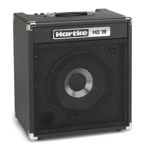 Hartke HD50 50W bass combo amplifier featuring a 10 inch HyDrive speaker, 1/4 inch input, aux input, and headphone output.