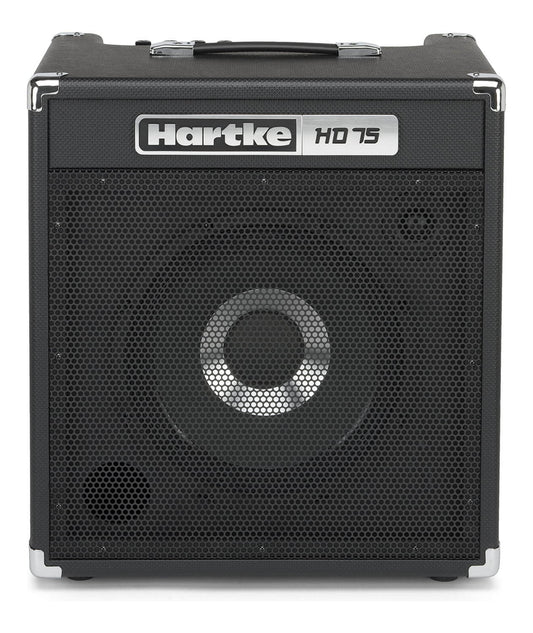 Hartke HD75 bass combo amplifier featuring a 12 inch HyDrive speaker, 1 inch tweeter, and 7-band EQ.