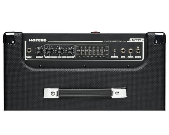 Hartke HD75 - 75W Bass Combo amplifier featuring a 12-inch HyDrive speaker and 1-inch tweeter, with a 7-band EQ and dual 1/4-inch inputs.