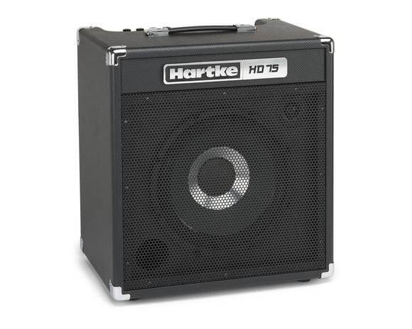 Hartke HD75 Bass Combo Amplifier with 12-inch HyDrive Speaker and 1-inch Tweeter, featuring a 7-band EQ and dual inputs.