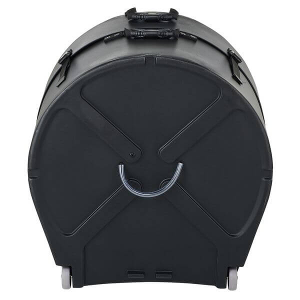 Hardcase 22 inch bass drum case featuring wheels and a pull handle for easy mobility.