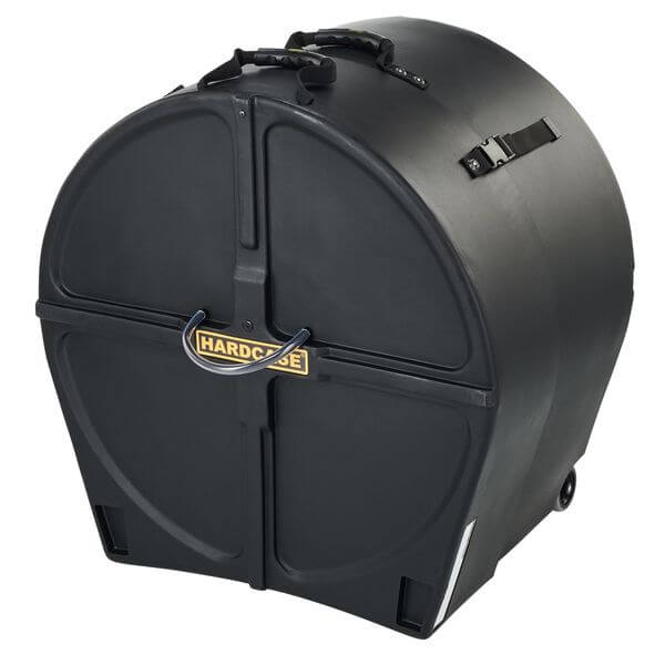 Hardcase 22 inch bass drum case featuring wheels and a pull handle for easy mobility.